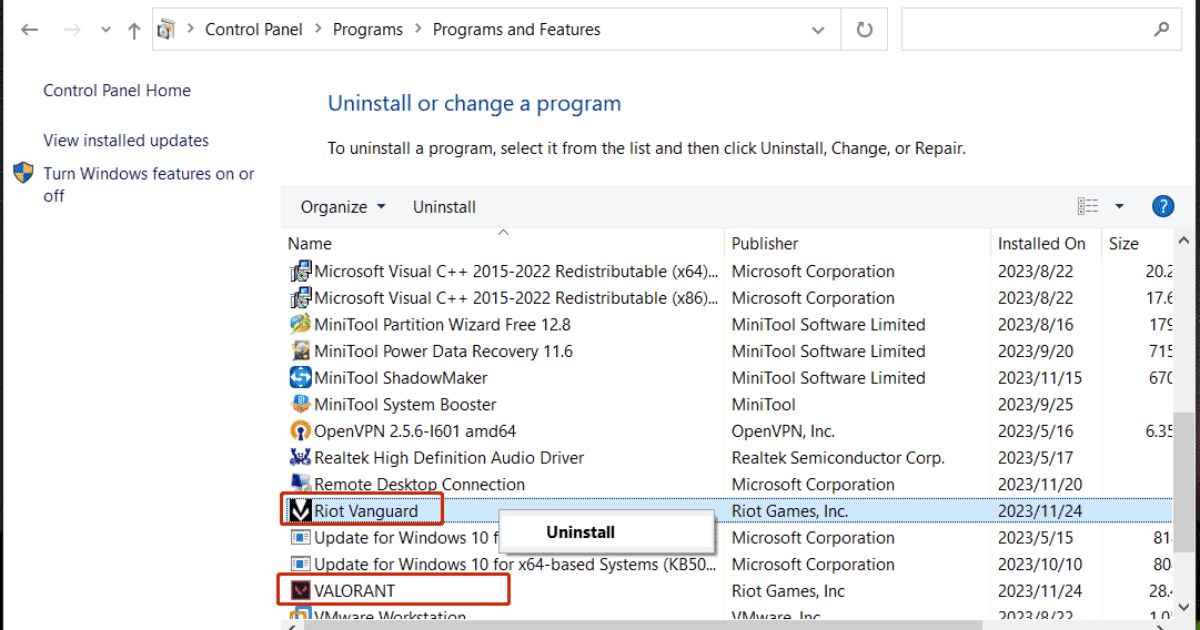 cara uninstall valorant Control Panel